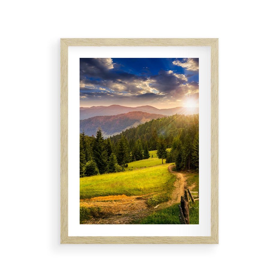 Plakat w ramie 30x40 - Zachód słońca na łące - zachód, łąka - rama drewno