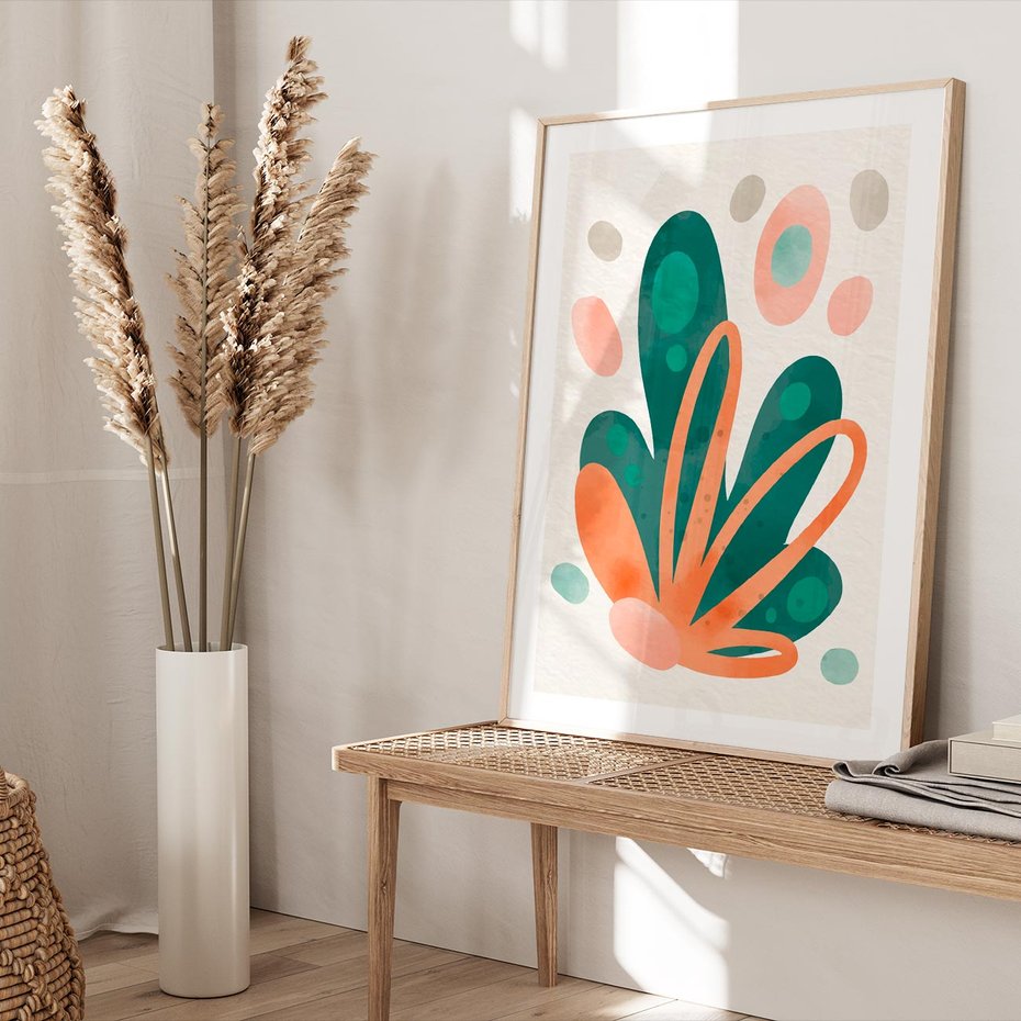 Plakat w ramie 40x50 - Harmonia bez Harmonii - akwarelowe abstrakcyjne kształty, zieleń i pomarańcz - rama drewno