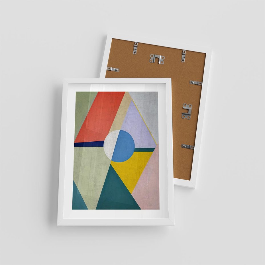 Plakat w ramie 30x40 - Taniec Subtelnych Odbić - abstrakcyjne geometryczne kształty, olejny obraz - rama biała