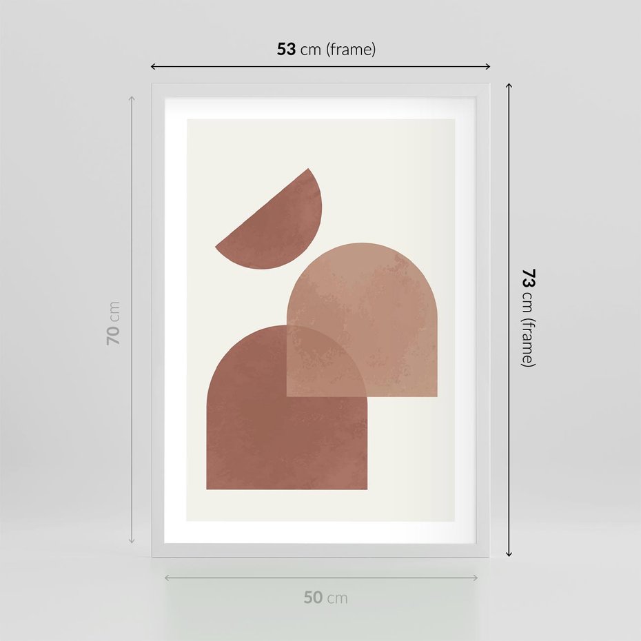 Plakat w ramie 50x70 - Harmonijne Widoki - abstrakcyjne geometryczne kształty, odcienie brązu i beżu - rama biała