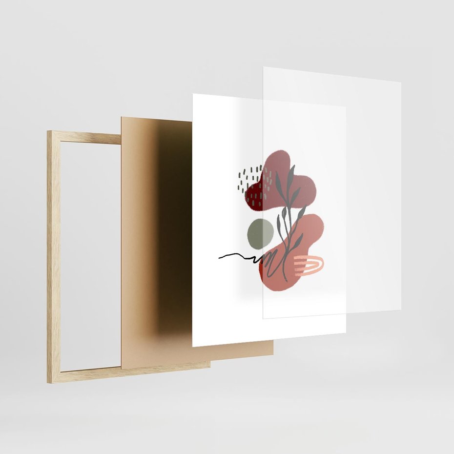 Plakat w ramie 40x50 - Migocące Kształty Liści - bstrakcyjna sztuka, boho kształty - rama drewno