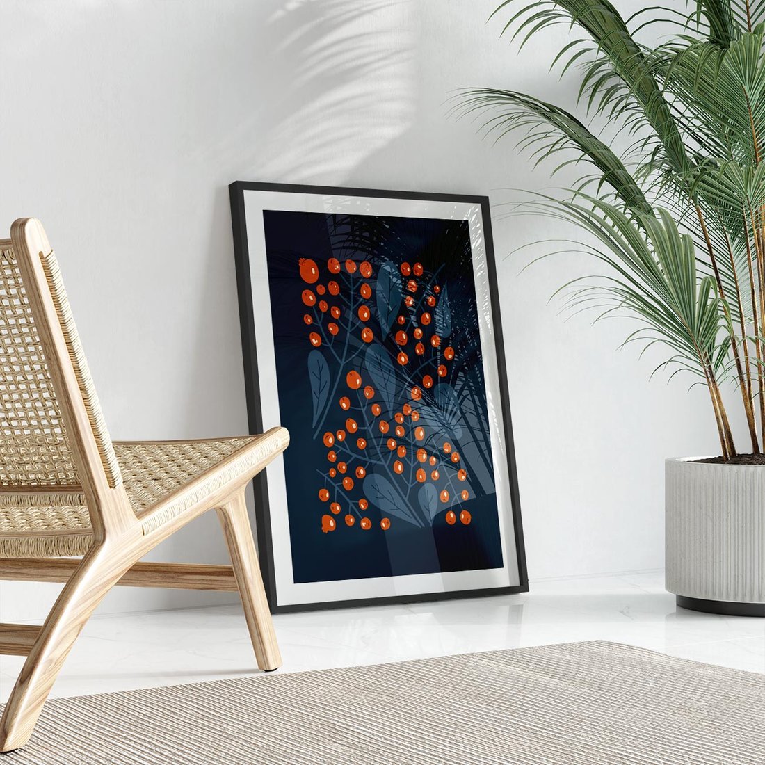Plakat w ramie 40x50 - Symfonia liści i owoców - granatowe tło, pomarańczowe owoce jarzębiny - rama czarna