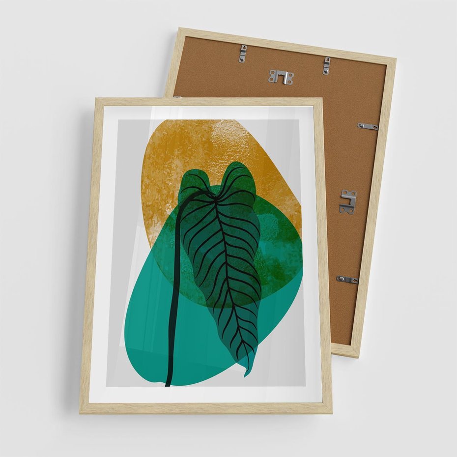 Plakat w ramie 50x70 - Zielony Liść ze Złotą Plamą - zielony liść, złota plama - rama drewno