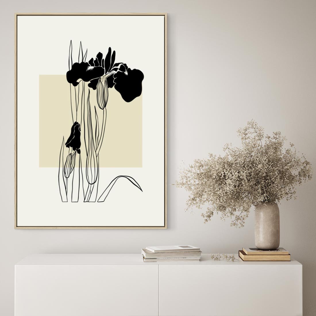 Obraz w ramie 70x100 - Rozkwitające w konturach - irys, kwiaty - rama drewno