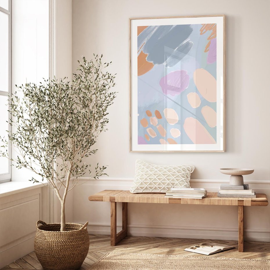 Plakat w ramie 30x40 - Migocące Pastelowe Spektrum - abstrakcyjne akwarelowe plamy, pastele - rama drewno