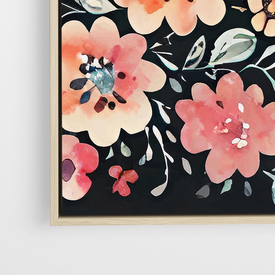 Obraz w ramie 50x50 - Labirynty melancholii - akwarelowe, pastelowe kwiaty na czarnym tle - rama drewno