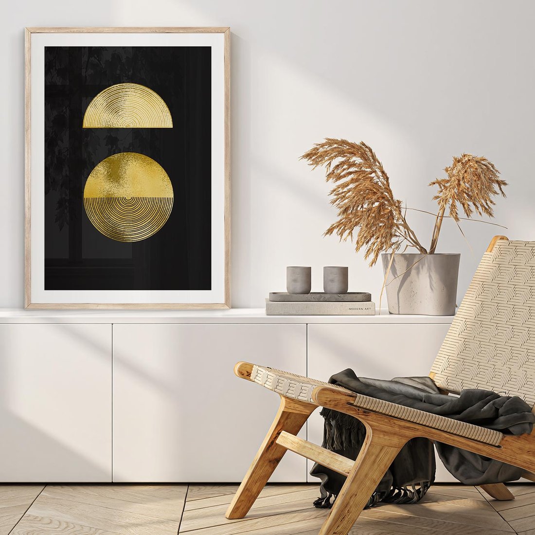 Plakat w ramie 30x40 - Migotliwe Przeniknięcia - złote koła, czarne tło - rama drewno