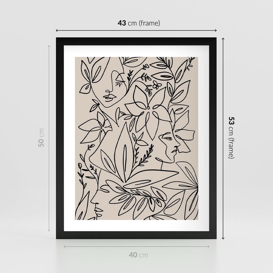 Plakat w ramie 40x50 - Kobiecy Portret Duszy - beżowe tło, czarny szkic nowoczesnych kwiatów - rama czarna