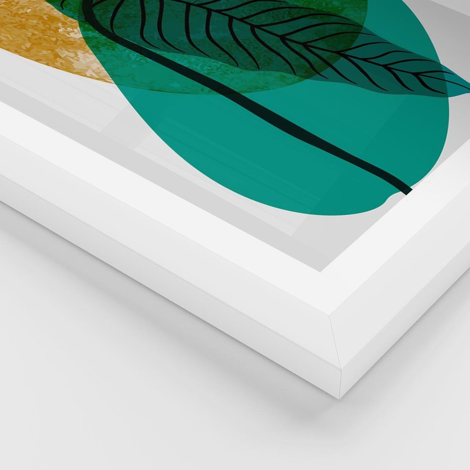 Plakat w ramie 50x70 - Zielony Liść ze Złotą Plamą - zielony liść, złota plama - rama biała