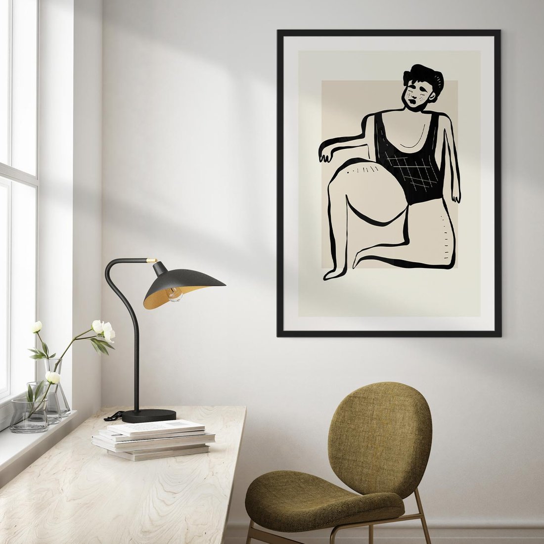 Plakat w ramie 50x70 - Szkic Kobiety w Czerni i Bieli - grafika, modern - rama czarna