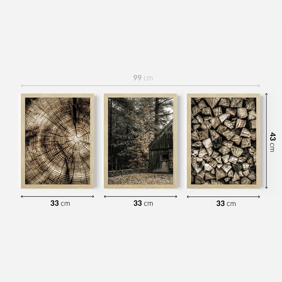 Zestaw obrazy w ramie 30x40 galeria - Drewno, pień, boho, domek - rama drewno