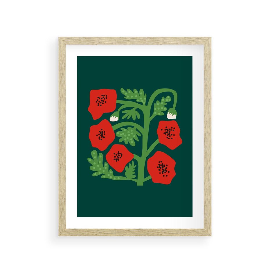 Plakat w ramie 30x40 - Księga Odbić - abstrakcyjna kwiatowa kompozycja, zielone mocne tło - rama drewno