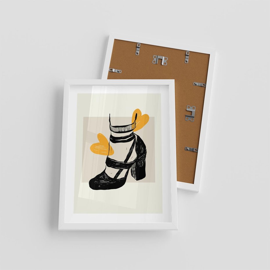 Plakat w ramie 30x40 - Elegancja w Szkicu: Stopa w Bucie na Obcasie - grafika, czarny szkic - rama biała