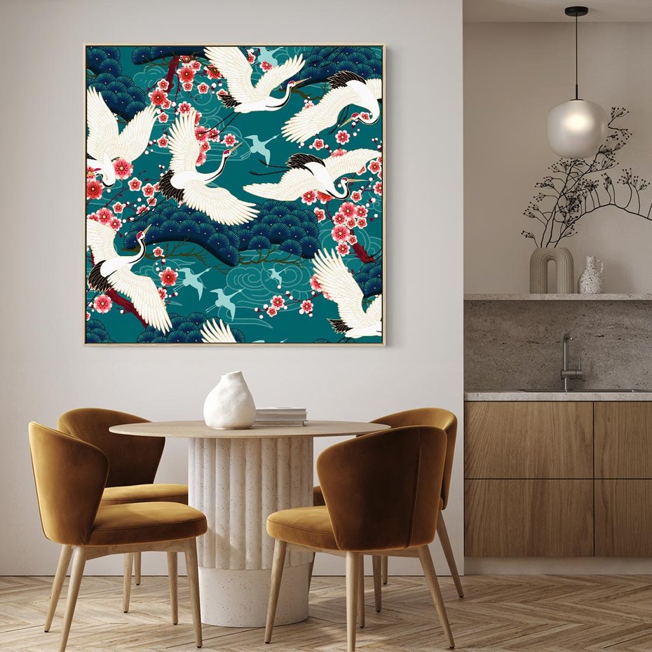Obraz w ramie 80x80 - Żurawie Wachlarze - orientalne japońskie żurawie, grafika - rama drewno