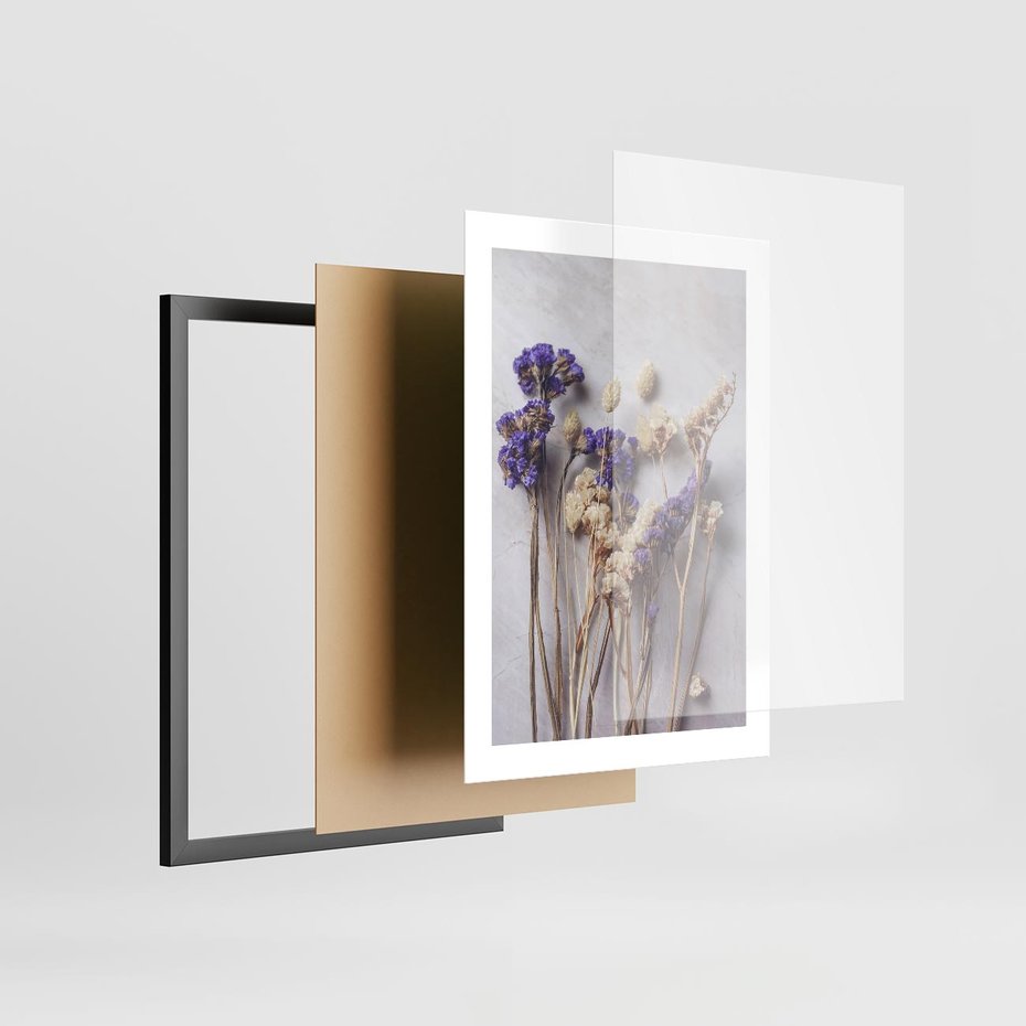 Plakat w ramie 30x40 - Błękitno-Biała Harmonia - suszone kwiaty, błekitne - rama czarna