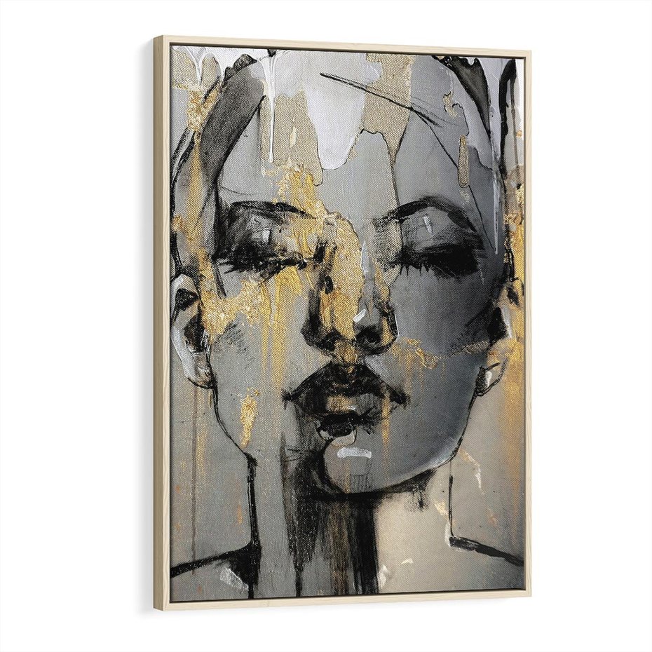 Obraz w ramie 70x100 - Kobieta - Abstrakcyjne Malowidło - złote, usta abstrakcja - rama drewno