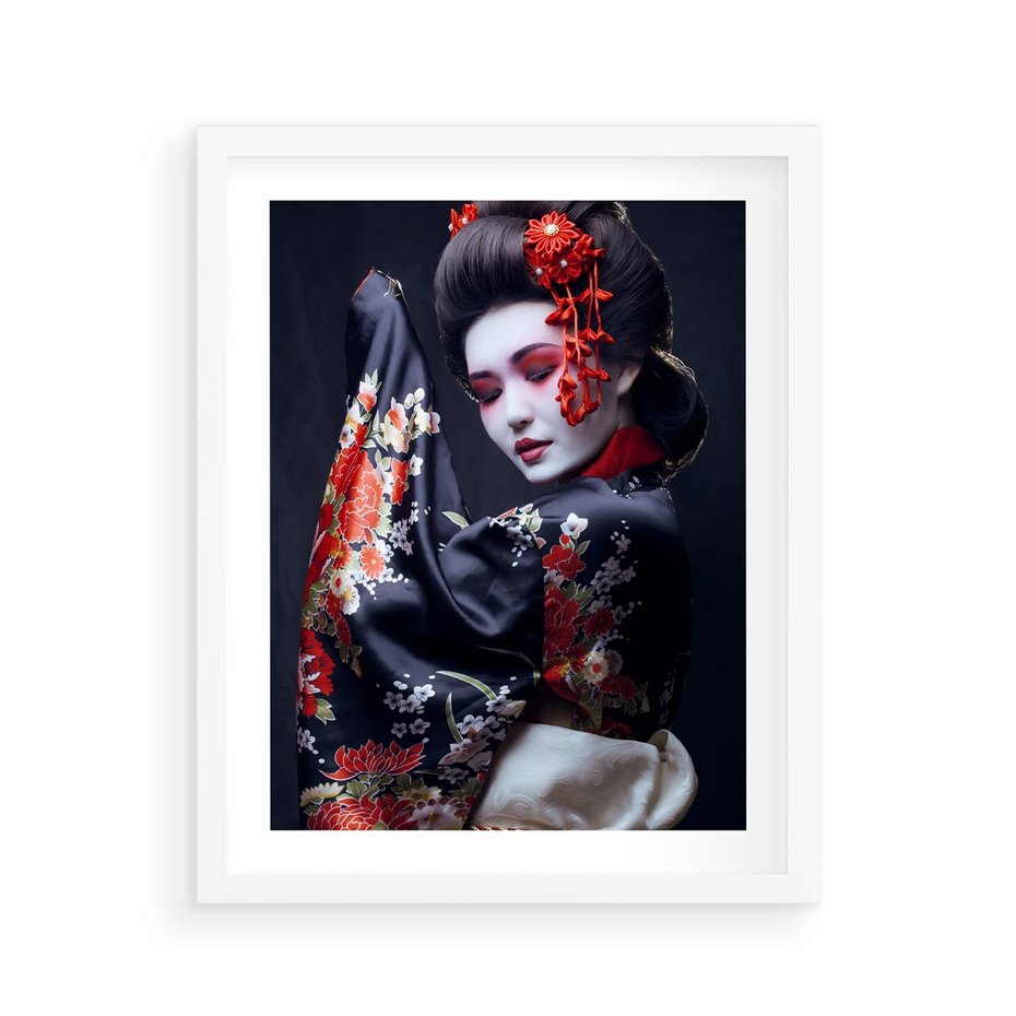 Plakat w ramie 40x50 - Elegancka japońska gejsza - japońska, gejsza - rama biała