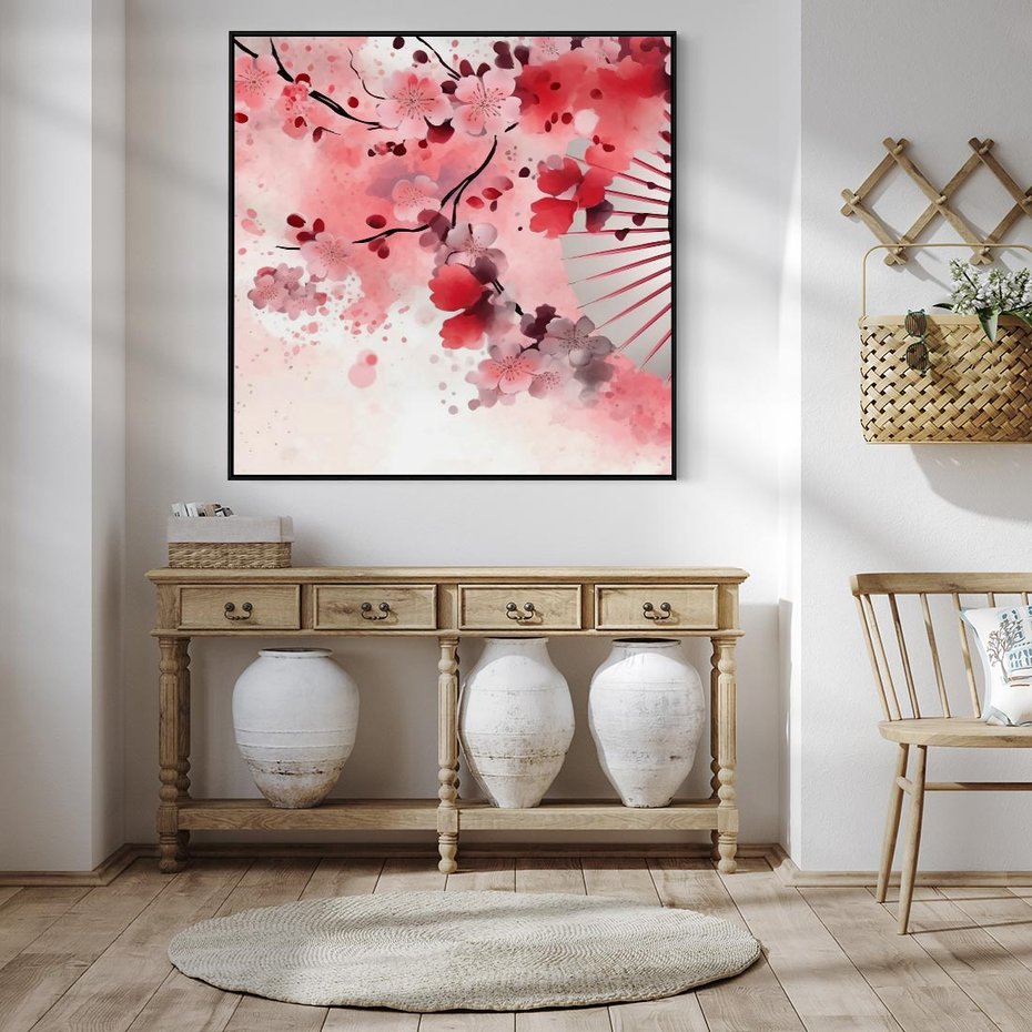 Obraz w ramie 50x50 - Szept Kwitnącej Wiśni - japoński parasol, liście - rama czarna