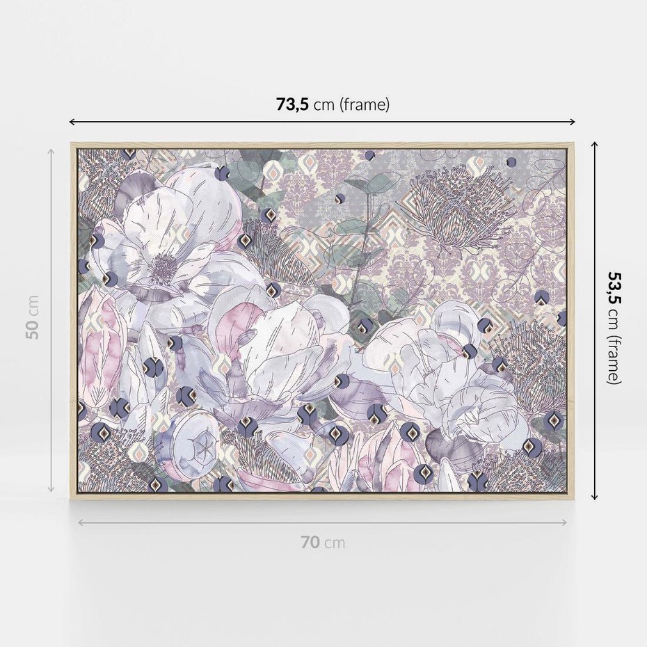 Obraz w ramie 70x50 - Malowane oddechy istnienia - pomieszane tekstury, kwiatowe elementy - rama drewno