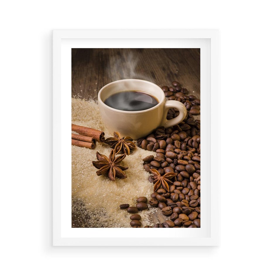 Plakat w ramie 50x70 - Kawowa filiżanka pełna aromatu - kawa, filiżanka - rama biała
