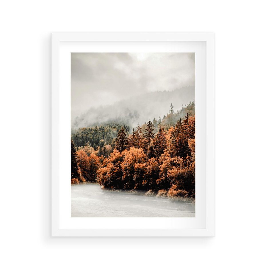 Plakat w ramie 40x50 - Jesienna Mgła - las, góry - rama biała