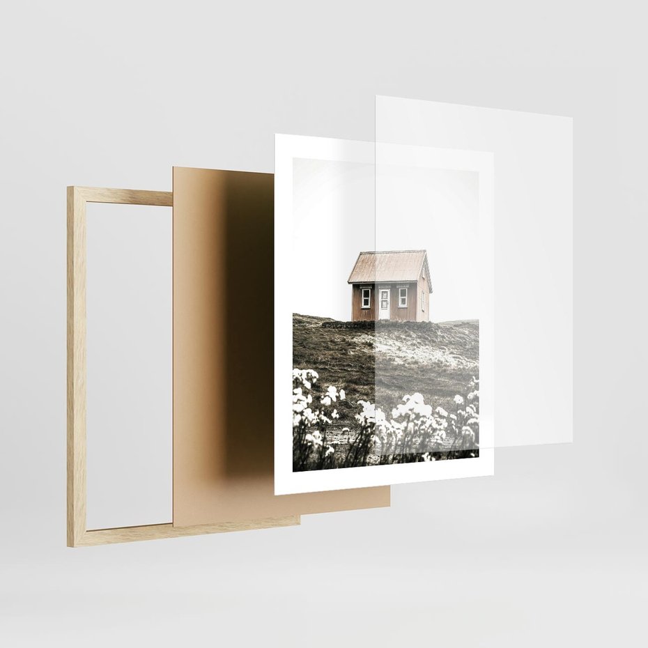 Plakat w ramie 40x50 - Krajobraz z Przeszłości: Kwitnąca Łąka w Sepii - domek na wzgórzu, kwitnąca łąka - rama drewno
