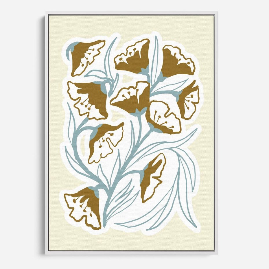 Obraz w ramie 80x120 - Wibracje Widzenia - abstrakcyjne beżowe kwiaty, elegancka kompozycja - rama biała