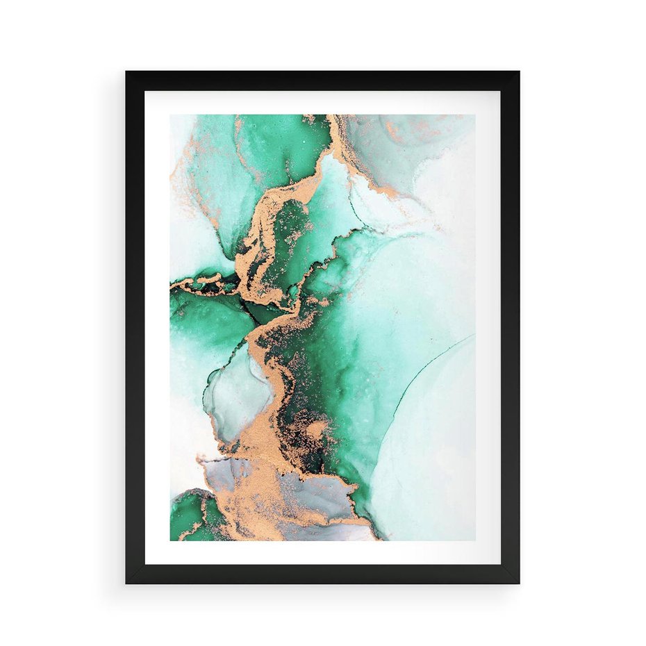 Plakat w ramie 50x70 - Marmur, Zieleń i Złoto - marmur, zieleń i złoto - rama czarna