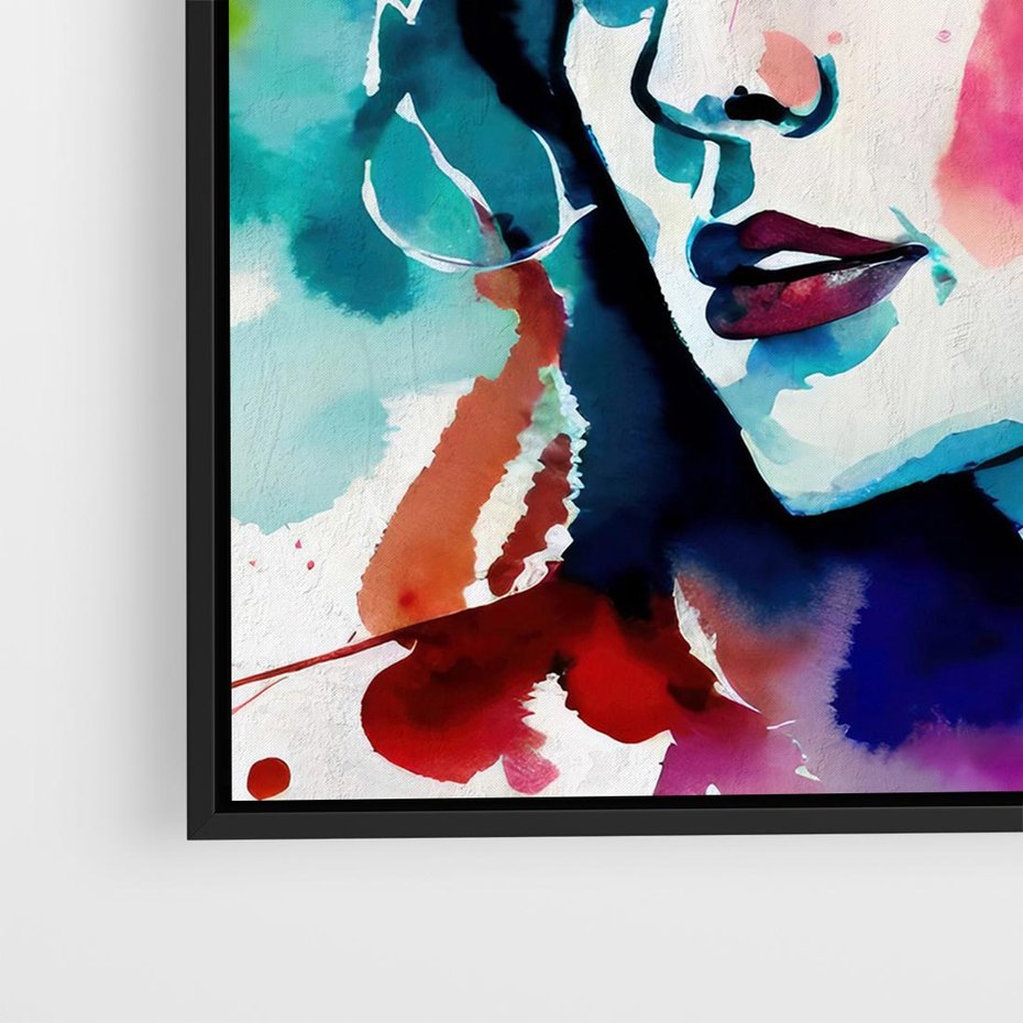 Obraz w ramie 50x50 - Abstrakcyjna ekstaza barw - abstrakcyjny portret kobiety, szkic czarną kreską - rama czarna