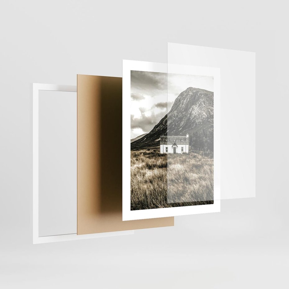 Plakat w ramie 40x50 - Biały Domek w Sepii: Wiejski Urok - domek w górach, kolory sepii - rama biała