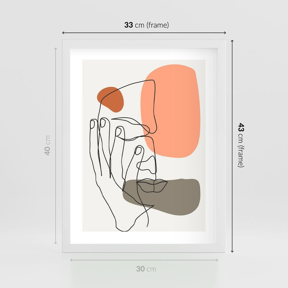 Plakat w ramie 30x40 - Ekspresja Kolorów: Szkic - one line szkic twarzy, kolorowe plamy - rama biała