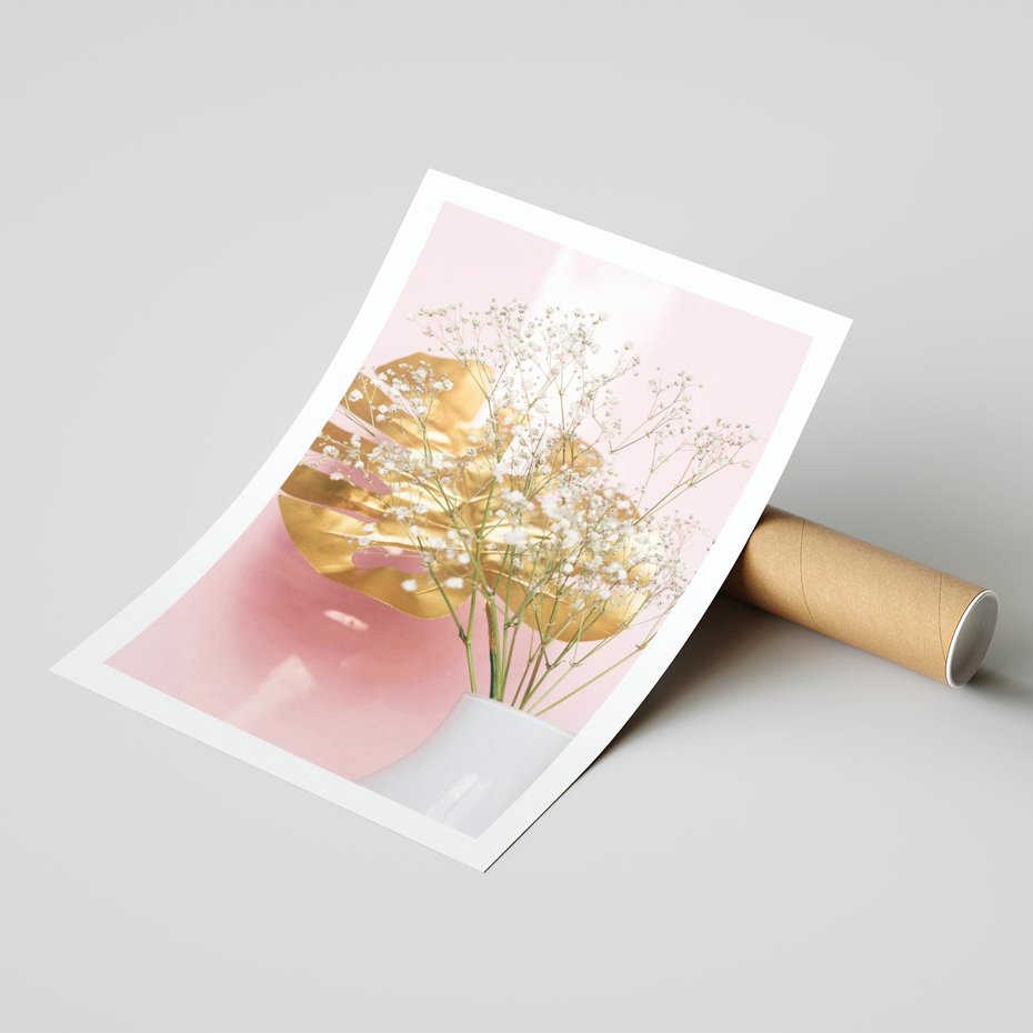 Plakat bez ramy 30x40 - Złoty Akcent - złoty liść montery, gipsówka