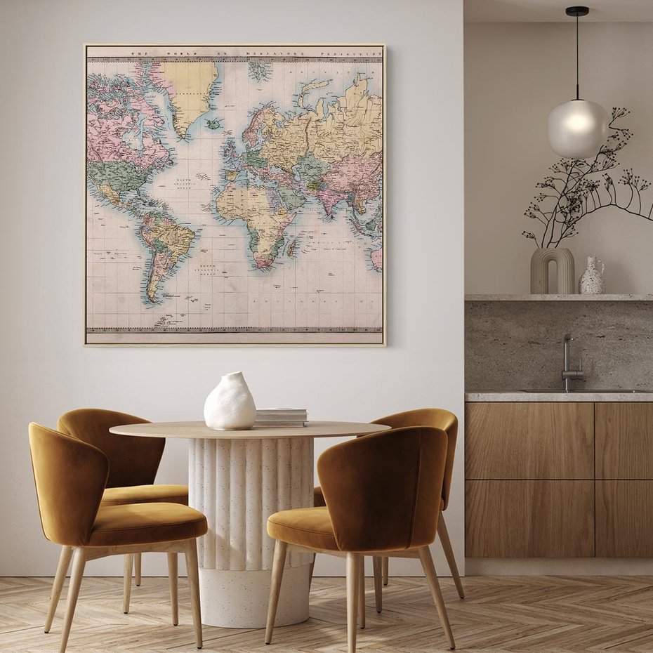 Obraz w ramie 50x50 - Światło Przeszłości - retro mapa świata, mapa - rama drewno