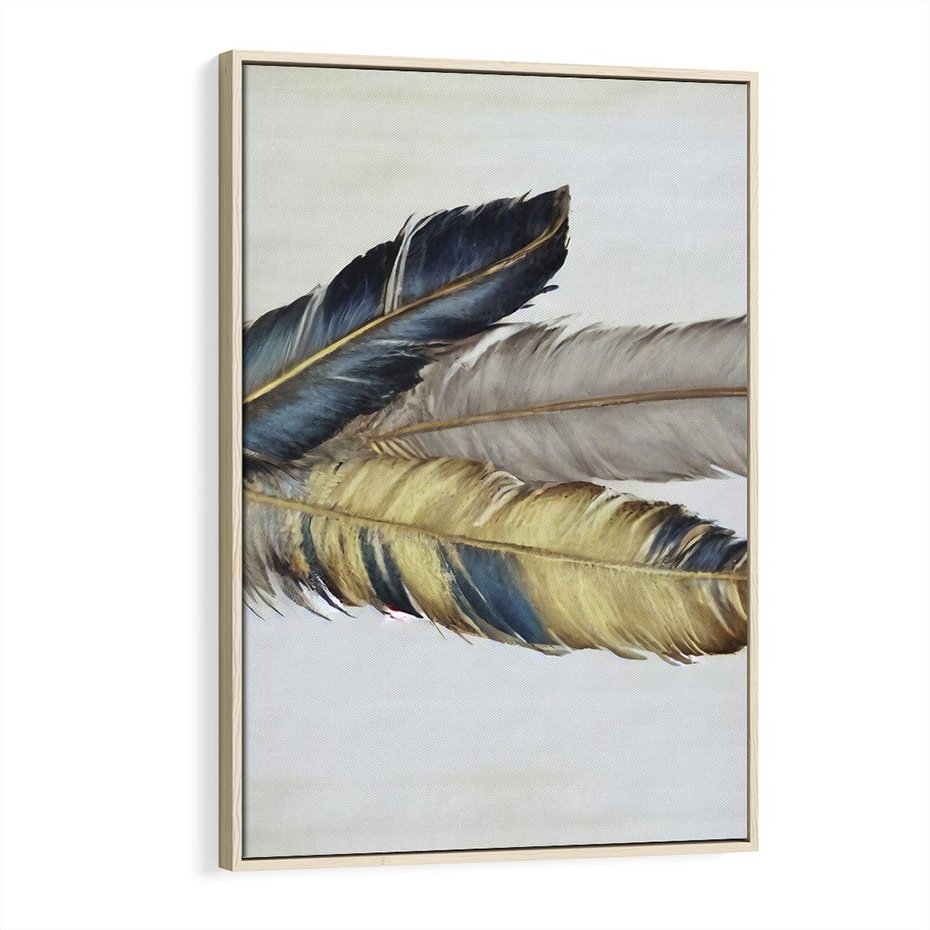 Obraz w ramie 70x100 - Granatowo-Złote Pióra - sztuka, granatowe i złote pióra - rama drewno