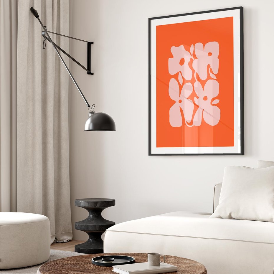 Plakat bez ramy 40x50 - Taniec Abstrakcji - kwiaty, energetyczne pomarańczowe tłó