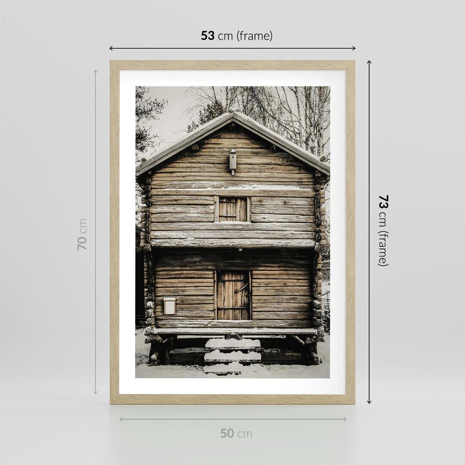 Plakat w ramie 50x70 - Stary Drewniany Dom w Śniegu - stary drewniany dom, zima - rama drewno