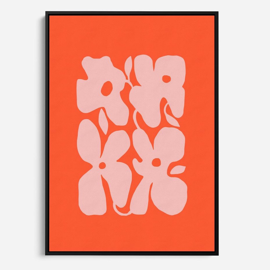 Obraz w ramie 70x100 - Taniec Abstrakcji - kwiaty, energetyczne pomarańczowe tłó - rama czarna