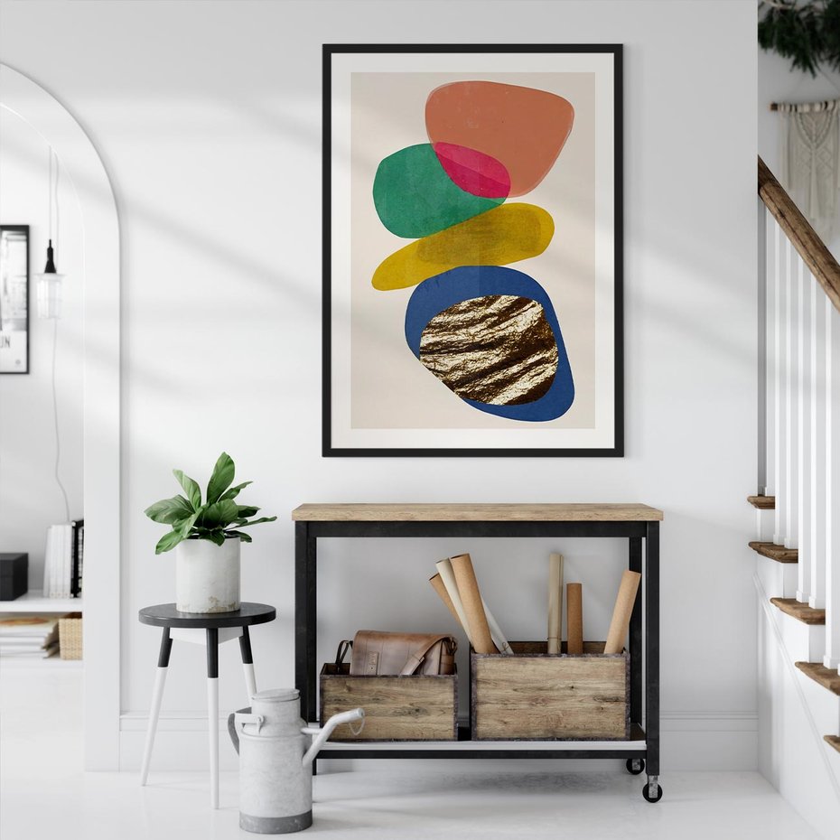Plakat w ramie 50x70 - Kolorowe Przenikanie Kształtów - abstrakcyjne formy, obraz olejny - rama czarna