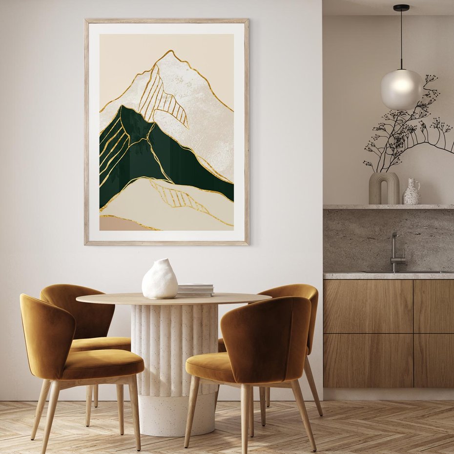 Plakat w ramie 30x40 - Minimalistyczne Góry: Złota Sztuka Natury - minimalistyczna grafika, góry - rama drewno