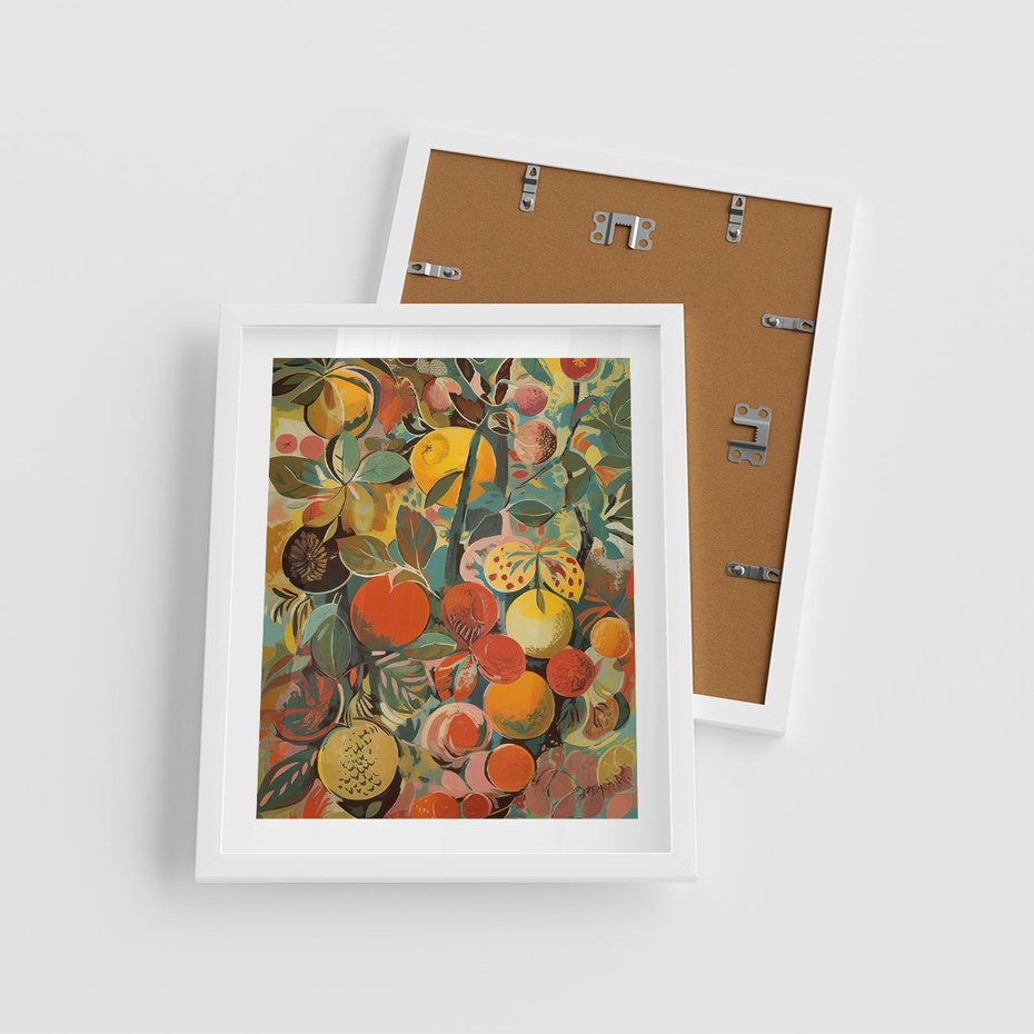 Plakat w ramie 40x50 - Księga Surrealnych Wyobrażeń - abstrakcyjny obraz owoców, jak picasso - rama biała