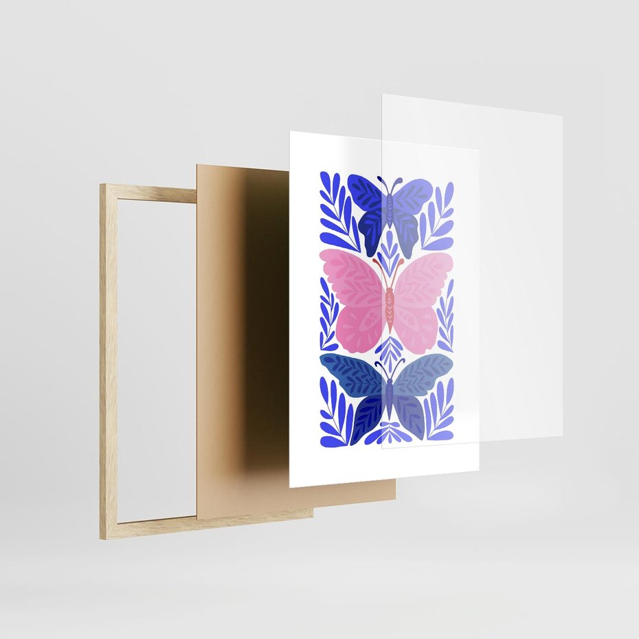 Plakat w ramie 30x40 - Delikatna Symfonia Natury - motyle, rośliny - rama drewno