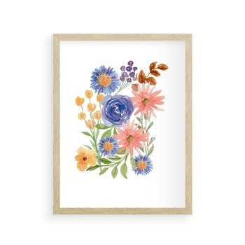 Plakat w ramie 30x40 - Migocące Widoki Kwiatów - akwarelowe polne kwiaty, minimalistyczny plakat - rama drewno