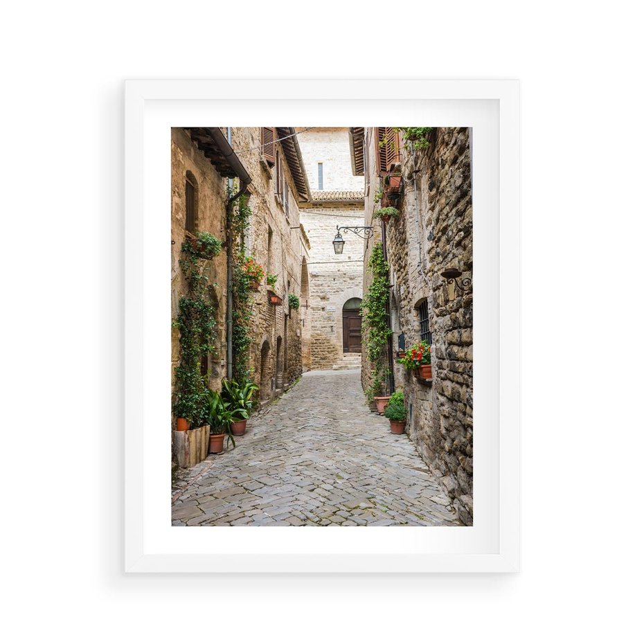 Plakat w ramie 40x50 - Urok Uliczki we Włoszech - uliczka, Włochy - rama biała