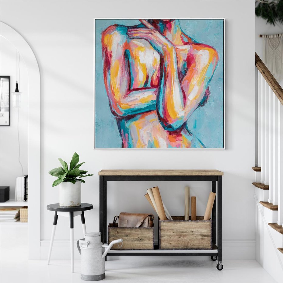 Obraz w ramie 50x50 - Nagie Natchnienie - obraz olejny, naga kobieta - rama biała