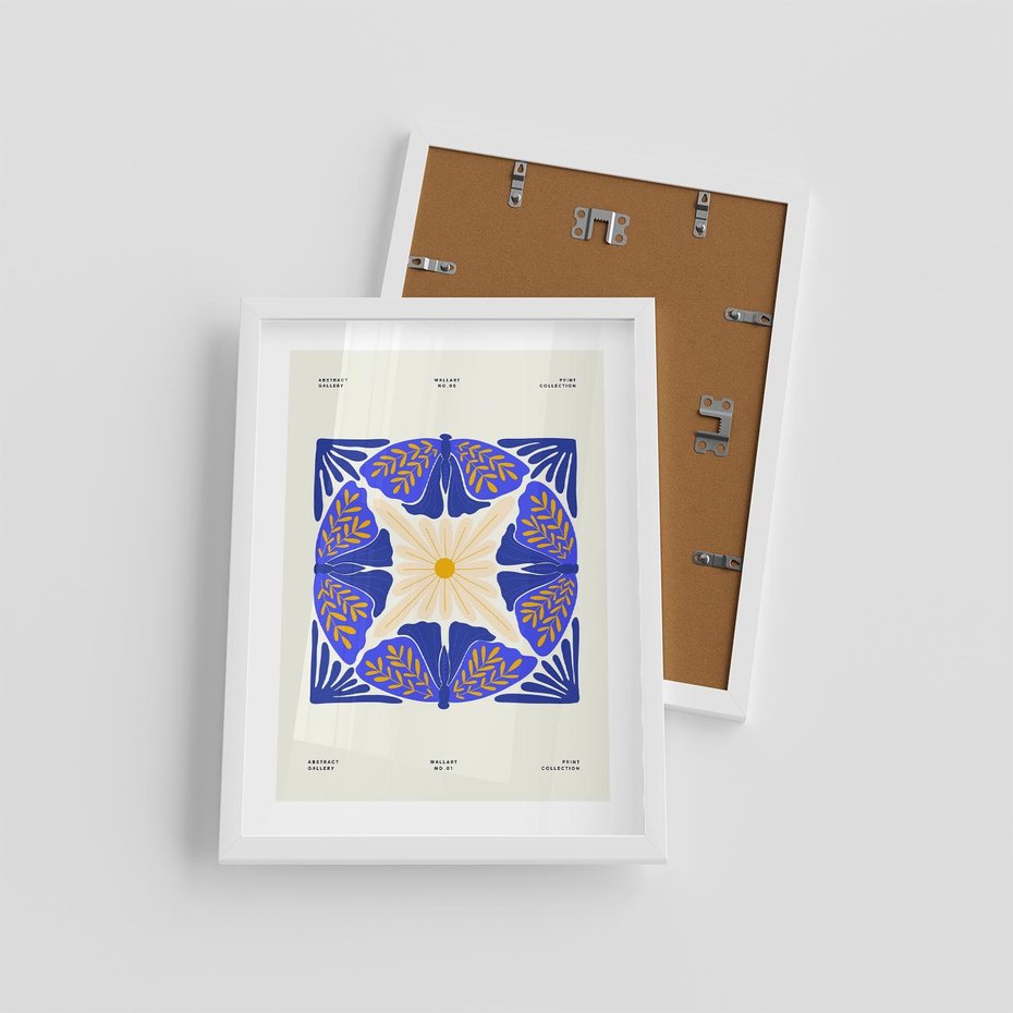 Plakat w ramie 30x40 - Księga Abstrakcji - abstrakcyjna boho kompozycja, granatowe ćmy - rama biała