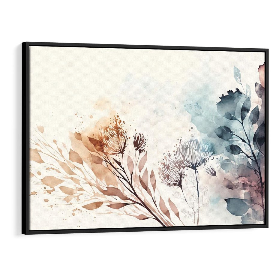 Obraz w ramie 70x50 - Nostalgiczne tańce pędzla - akwarelowe kwiaty, gałęzie - rama czarna
