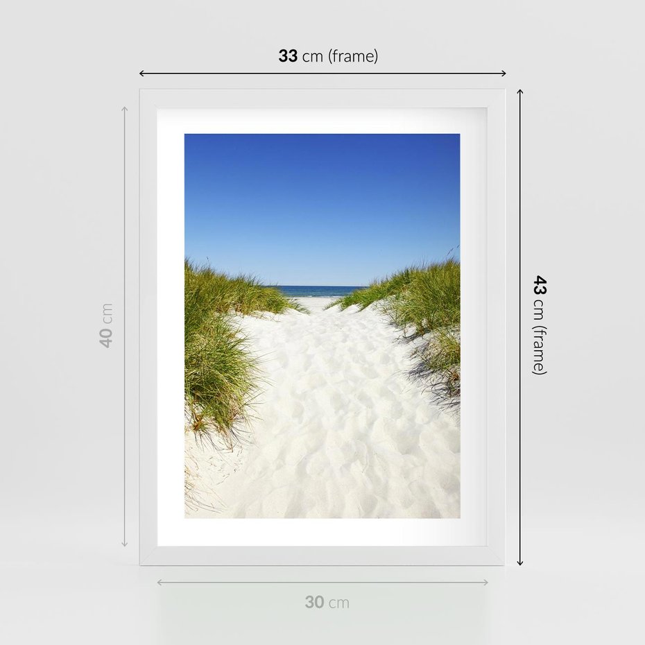 Plakat w ramie 30x40 - Relaks nad Morskimi Wzgórzami - plaża, wydmy - rama biała