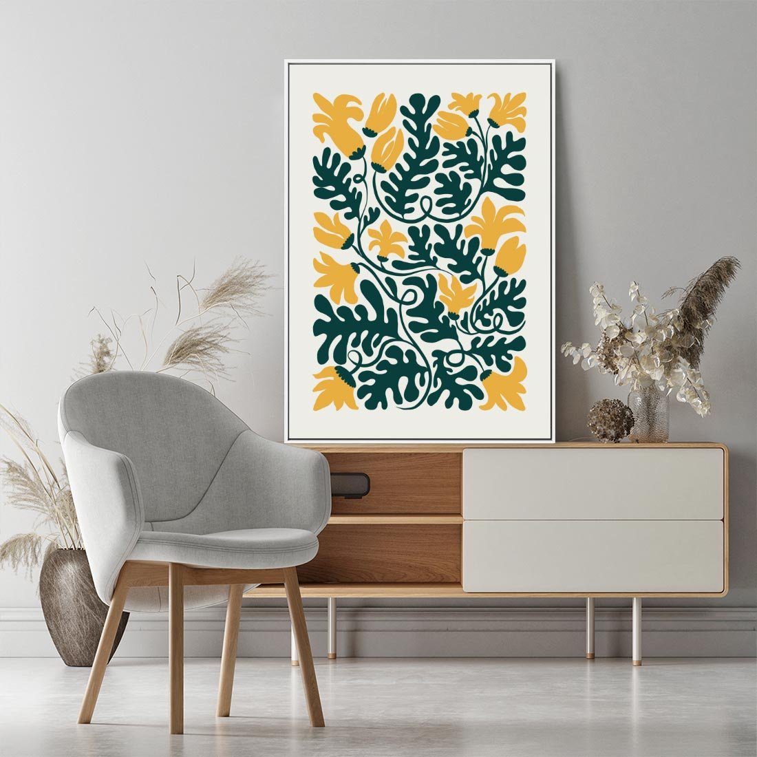Obraz w ramie 70x100 - Impulsy Kreatywności - abstrakcyjne żółte kwiaty, kompozycja - rama biała