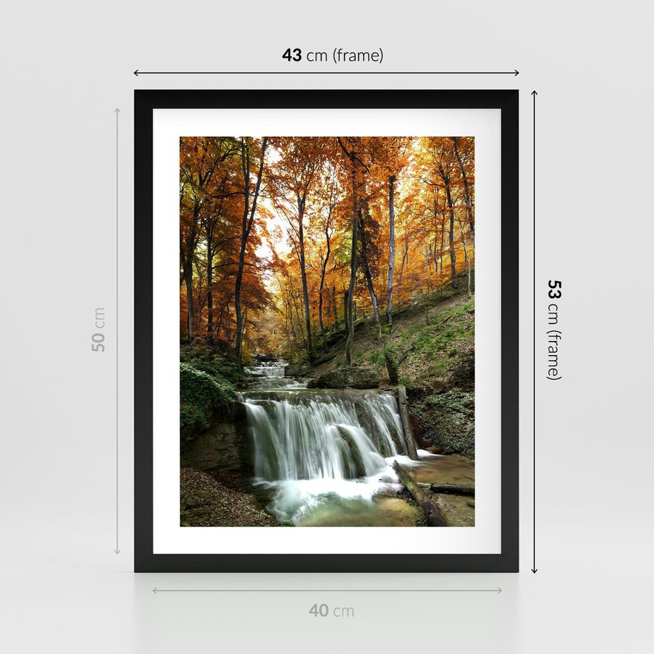 Plakat w ramie 40x50 - Jesienny wodospad w lesie - wodospad, las - rama czarna