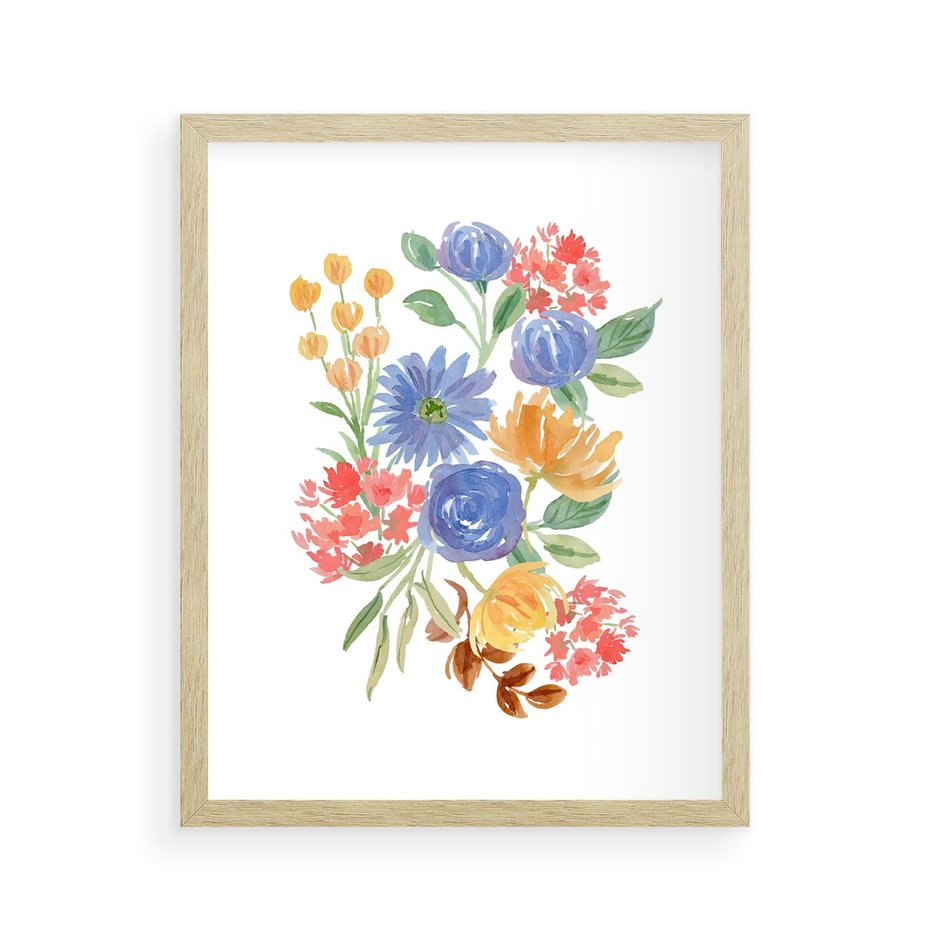 Plakat w ramie 40x50 - Kwiatowe Światło - akwarelowe kwiaty, bukiet - rama drewno